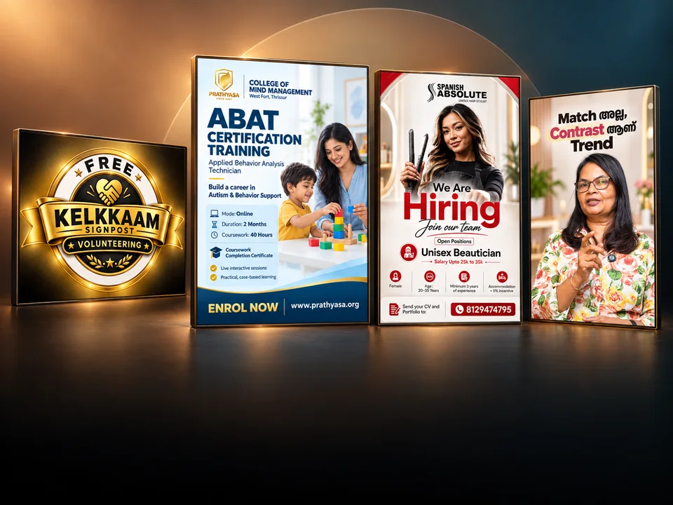 Kelkkam Signpost volunteering design, Prathyasa ABAT certification training poster, Spanish Absolute beautician recruitment poster, and a fashion contrast video thumbnail.