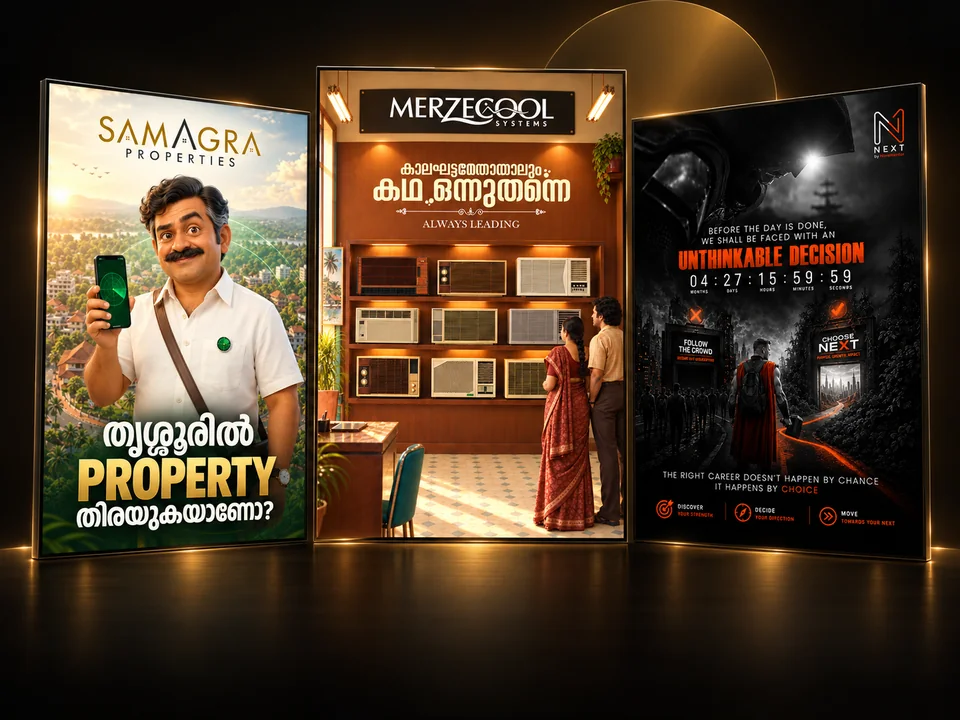 Samagra Properties Thrissur property creative, Merzecool Systems Always Leading air conditioning poster, and NEXT career campaign featuring Unthinkable Decision.