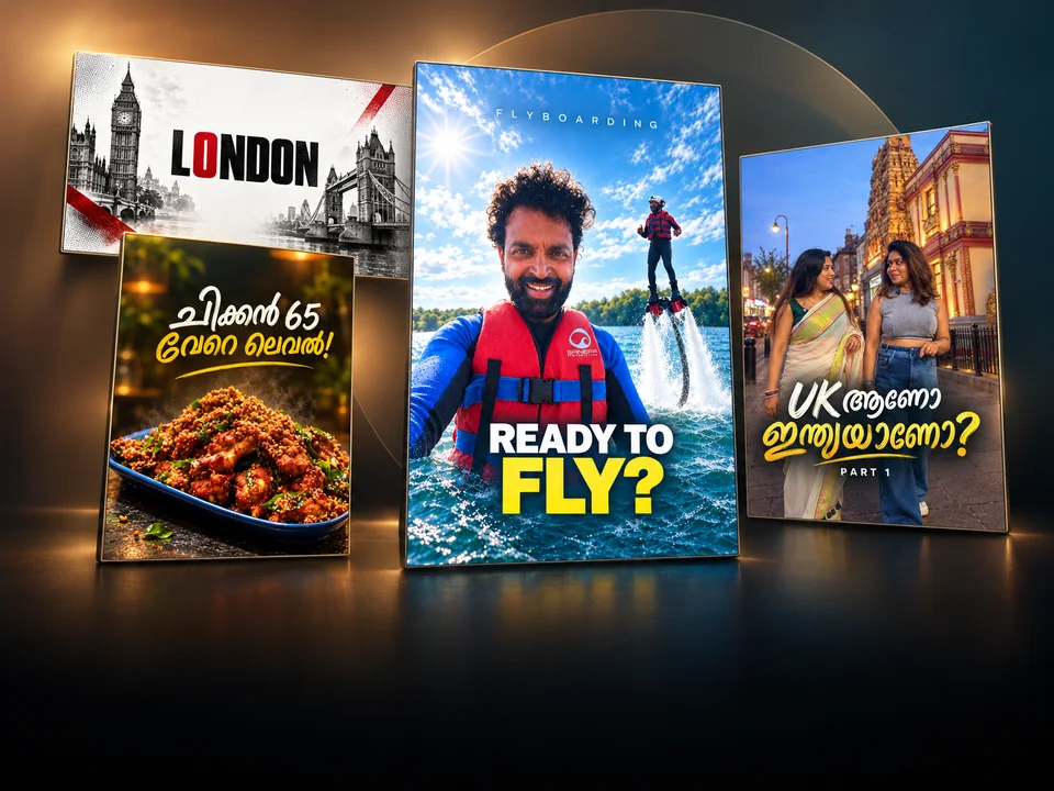 Travel and food content designs featuring London, Chicken 65, Ready to Fly flyboarding, and a UK or India travel story.